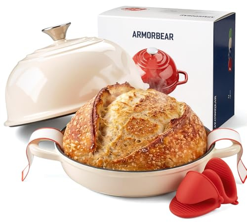 Armorbear Gusseisen Topf Brot Backen, 4,7L Bräter Emaille Schmortopf mit Deckel und Griffen, 24 cm Dutch Oven, Brotbacktopf für Selbstgemachte, Geshenke für Sauerteigbäcker, Weiß