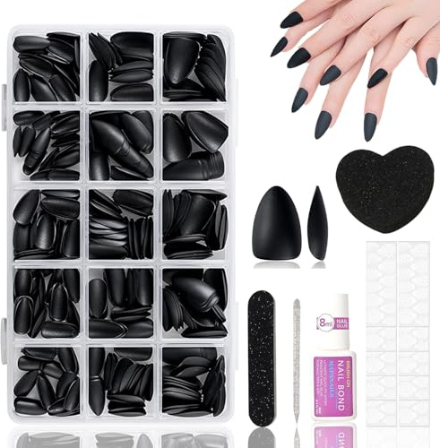 Virellay 300 Stück Matte Schwarze Press on nails - Mittel Mandel Kunstnägel - Full Cover bedeckende Nagelplatte, Natürliche Nägel zum Aufkleben, geeignet für Frauen DIY Nagelkunst und Halloween