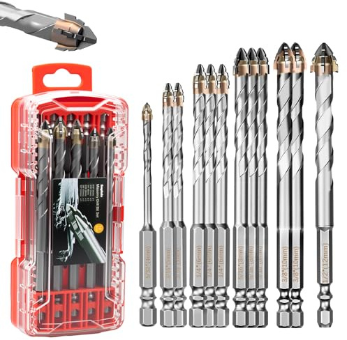 12-Piece Four Blade Serrated Eccentric Drill Bits, (5/32-1/2) High Strength Carbide Masonry Drill Bit Set for Concrete, Tile, Brick, Glass, Wood, and Plastic