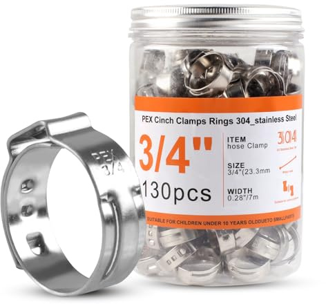 130PCS Stainless Steel Single Ear Hose Clamps 3/4 Inch PEX Cinch Clamps for Pex Tubing Pipes Fitting Connections(3/4)