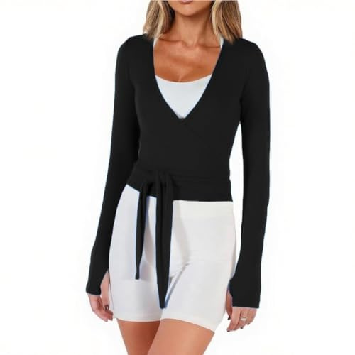 Dancenter Women Crop Wrap Top Thumb Hole Long Sleeve Active Self Tie Workout Shirt Ballet Pilates Yoga Wrap Tops (US, Alpha, Small, Regular, Regular, Black)