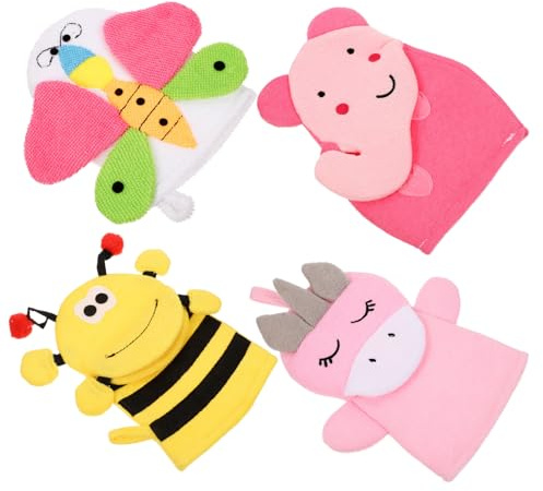 Kisangel 4 Stück-pack Kinder Badehandschuhe mit Niedlichen Tiermotiven Peeling Körperwaschhandschuhe aus Hautfreundlichem Material besonders Weich und Schäumend Badewannen Zubehör für Sanfte Reinigung