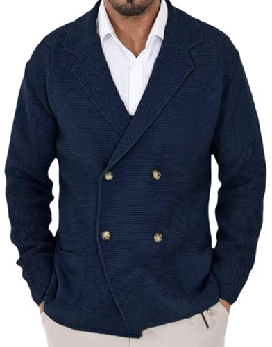 Generisch Maglione da uomo con risvolto doppiopetto, tinta unita, comodo, con tasche, vestibilità rilassata, cardigan, comodo, caldo, invernale, Blu, M