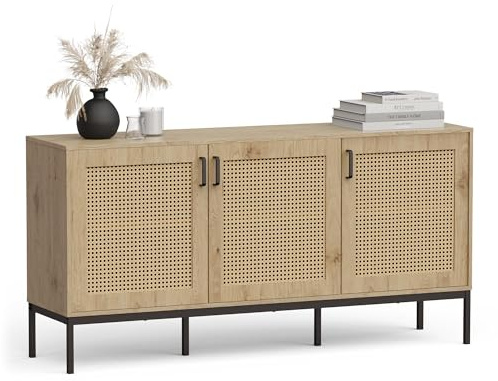 VonHaus Wide Sideboard for Living Room - Rattan Effect Hallway Cabinet with 6 Storage Shelves - Scandi Look Sideboard Storage Cabinet - Light Wood Effect Side Board for Lounge - Lena
