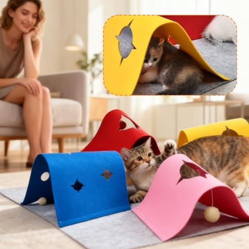 Kustimantu Katzen Spielmatte,4-in-1 Tunnel Spielteppich - Kätzchen Bereicherung Aktivitätsmatte mit Loch | Für Innen Und Außen Gegen Langeweile Für Bewegung Reisen Schlafzimmer Und Wohnzimmer