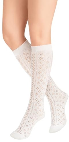 wlertcop 2 pares de calcetines blancos elegantes para mujer, calcetines tradicionales hasta la rodilla, medias de vestir, medias tradicionales, con aspecto de ganchillo, pulsera de encaje para mujer