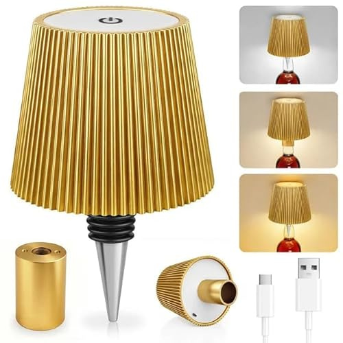 Lampada A Bottiglia Senza Fili, 3 Modalità Regolabili Di Temperatura Colore, Touch, Grado Di Protezione IP54, Ricarica Wireless USB, Lampada Tavolo Per Ristoranti, Camera Da Letto, Giardino (Oro)