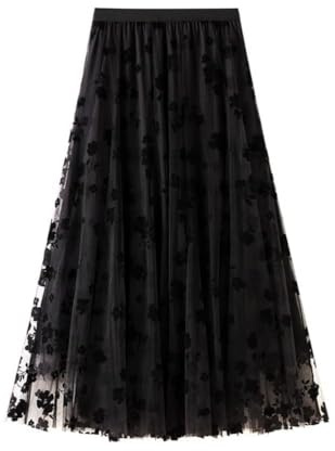 Tyllkjol för kvinnor, elegant blomkjol, mesh, midikjol, A-linjekjolar, hög midja, avslappnad, elastisk, swing, fritidskjol, strandkjol, lång tyllkjol, damer, En svart, XXL