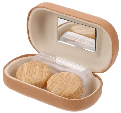 BIUDECO Étui à Lentilles de Contact Double Compartiment Étanche, Grand Diamètre, Finition Cuir Vintage Effet Bois, Couleur Marron Clair, Porte-kit de Soins Oculaires Pratique pour Voyage