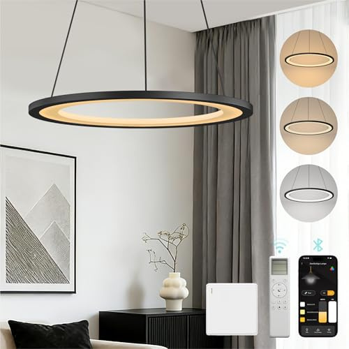 Mai & Mai 20W Pendelleuchte Esstisch mit Fernbedienung & Wandschalter | 40cm LED Moderne Hängelampe, stufenlos dimmbar 3000K–6000K, höhenverstellbare Design Esstischlampe, Sandschwarz, Luvina01