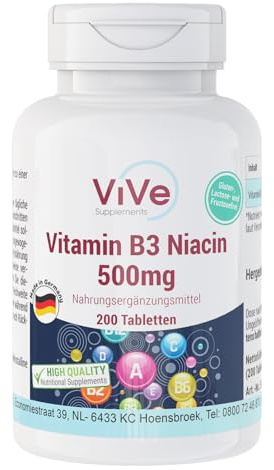 Vitamin B3 Niacin 500mg – 200 tabletter – 500mg per styck – Nikotinamid – Högdoserat – Biotillgängligt – Kvalitet från Tyskland – ViVe Supplements
