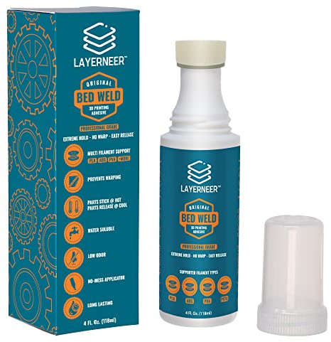 3D Printer Adhesive Glue Bed Weld Original, Strong Grip Reduces Warping for ABS, ASA, PLA, and PETG Filament on Compatible Heated Build Plates, 118ml, 4 fl oz