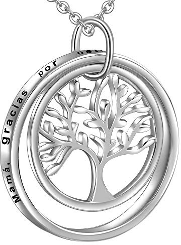 LOVORDS Collar Mujer Grabado Plata de Ley 925 Colgante Árbol de la Vida Familiar Círculo Regalo Madre Mamá Esposa Novia Abuela Hija