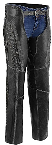 Milwaukee Leather Premium Black Leather Motorcycle Chaps for Women w/Rubbed Seams-Lace Detail MLL6526 - Large