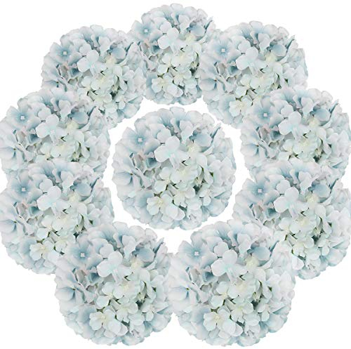 Flojery Cabezas de hortensias de Seda Artificiales con Tallos para decoración del hogar y Boda, Paquete de 10 Unidades (Azul Lago)