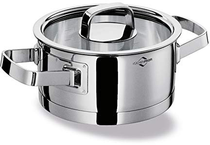 Küchenprofi SAN REMO Stewing Pot 16 cm Height 7.5 cm Cooking Pot 1.25 L Induction Pot Stainless Steel Safety Glass Lid