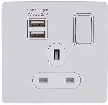 Schneider Electric Ultimate Screwless Flat Plate - Switched Single Power Socket with USB Charging Ports, 2.1A Shared, Double Pole, 13A, GGBGU34102USBAWPW, Painted White with White Insert