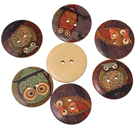 SiAura Material - 50 Stück Runde Holzknöpfe 30 mm, zufällig gemischt, 2 Löcher mit Eule Muster I Zum Nähen, Basteln und Dekorieren