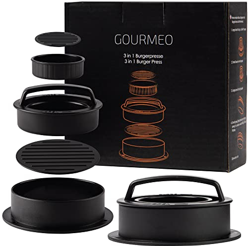 GOURMEO 3 in 1 Burgerpresse - Burger Patty Presse für kleine große gefüllte Patties - Hamburgerpresse inkl. 50 Blatt Antihaftpapier - Burger Paddy Press - Patties Presse