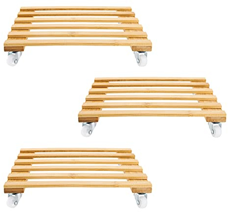 Cedilis 3 Pack Plant Caddy, Bamboo Plant Stand with Rolling Wheels, Mobile Flower Pot Mover Roller, Heavy Duty Plant Pot Pallet Dolly Caster for Patio Outdoor, Holds up to 100 Lbs, 12 Inch Square
