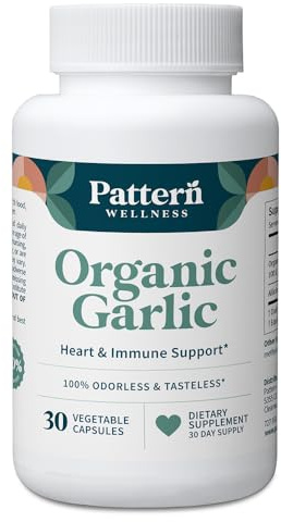 Pattern Wellness Odorless Organic Garlic Extract 20:1 with Allicin – Supports Circulatory & Immune Health – Non-GMO, Gluten Free, Vegan - 30 Capsules