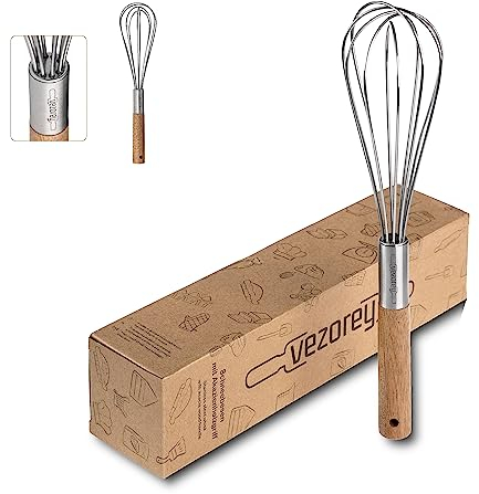 VEZOREY® - Premium Schneebesen mit Akazien-Holzgriff 28cm - Hochwertiger Rührbesen aus lebensmittelechtem Edelstahl für Küche (rostfrei) - Design Quirlbesen & Handquirl aus Holz