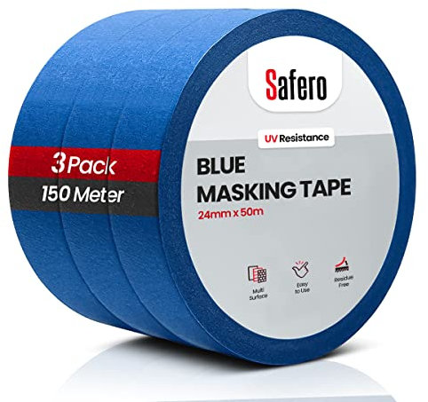 Safero Pack of 3 Blue Masking Tape for Painting 24mm X 50 Meter | UV Resistance Painter Tape used by Master Painters, Car Painters and artists | Strong Sticky Sharp Edge Tape for Decorating & DIY