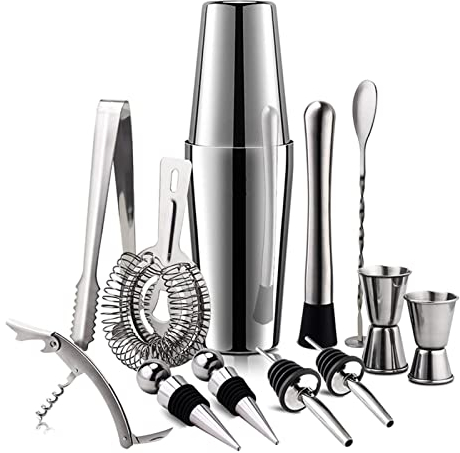 Coctelera 13 Piezas Coctelera Mezclador de Bebidas Juego de Barman, 18/8 Barra ponderada Profesional de Acero Inoxidable Boston Shaker Tin Set Ice Tong