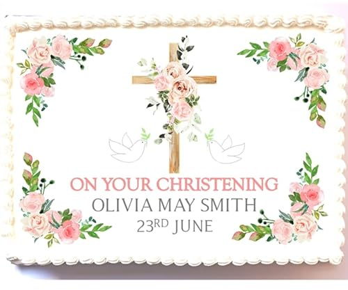 Personalised Christening Cake Topper - Edible Icing or Wafer - A4 Rectangles - Pink Flowers Floral Cross Decoration (Edible Icing)