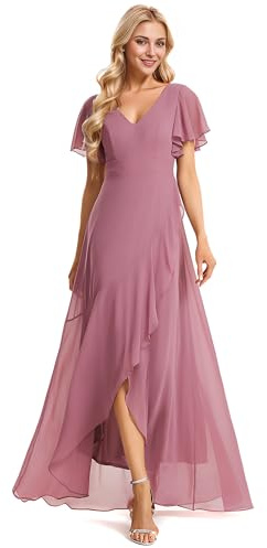 Ever-Pretty Vestito da Damigella Lungo con Volantes con Spacco Scollo a V Maniche Corte Elegante Abito da Damigella Orchidea 54