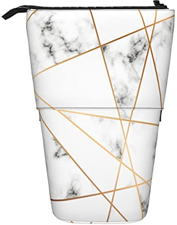 Teleskopisch Mäppchen Marmor Grauer Stein Goldene Geometrische Linien Modern Federtasche Grosse Kapazität Federmäppchen Reißverschluss Mit Reißverschluss Make-Up Tasche, Für Büro, Kindergarten