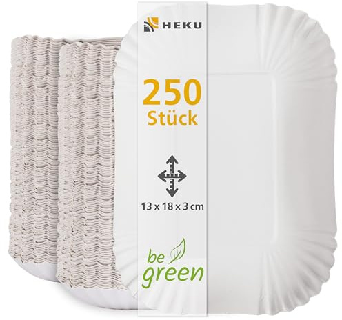 HEKU be green - 250 Kompostierbare PappschalenI Ideal für Snacks mit Fettbarriere, Perfekt für Verschiedene Anlässe I Hergestellt aus Frischfaser, 13x18x3cm, FF mit Fettbarriere, 335g/m²