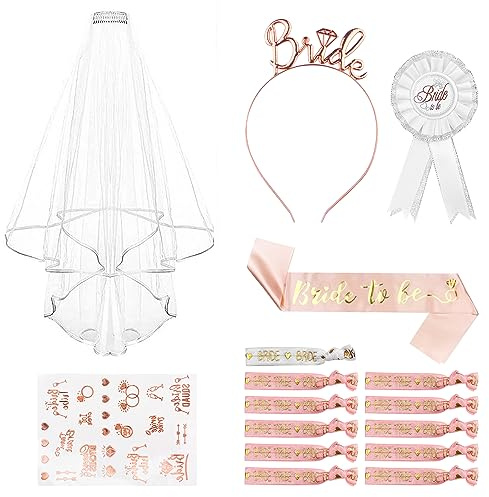 Magrimaxio 16 Stück Bride to Be Armbänder, Deko Schärpe Set Junggesellinnenabschied, Jga Accessoires Frauen mit 11 Armband, Team Bride Schärpe, Schleier Braut, Braut Tiara, Tattoos, Abzeichen