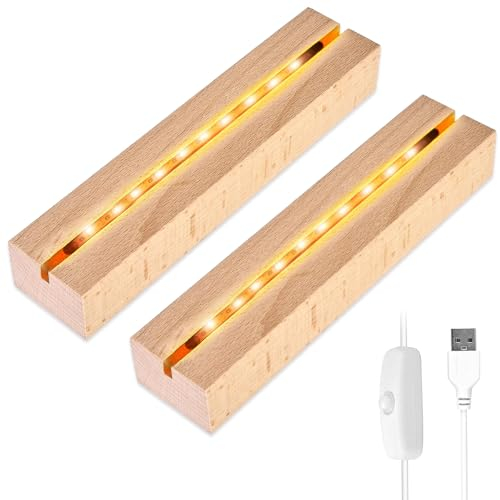 mizikuu Led Lichtsockel, 2 Stück Leuchten Display Base USB Beleuchteter Holzsockel Rechteckige LED Holzaufstellerl dekoratives Ornament für DIY Acrylplatten Plexiglas Milchglas Glasplatte Warmweiß