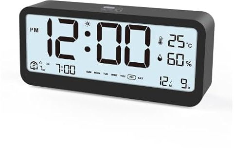 HAPPMY Wecker Digital mit 2 Weckzeiten, Digital Uhr mit Temperaturanzeige und Hygrometer, Digitaler Tischuhr ohne Ticken, Batteriebetrieben Schlafzimmer Nachttisch Digitaluhr