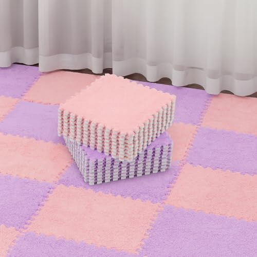 Flutesan 15 Pcs Winter Plush Puzzle Foam Floor Mat Interlocking Carpet Tiles Anti Slip Soft Warm Squares EVA Foam Crawling Rug for Play Floor Playroom Bedroom Nursery(Pink, Purple)