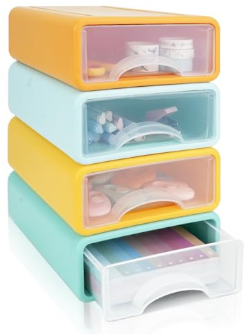 4Pcs Cajonera Plastico Apilables, TIE-DailyNec Cajas de Almacenamiento, Organizador de Maquillaje de Gran Capacidad, Cajones de Escritorio para Oficina, Sala de Estar, Cocina, Escuela, Baño