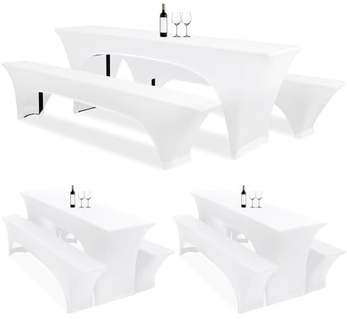 Lumaycens DREI 3er-Set Biertischhussen 220 x 50 x 70 cm, hussen bierzeltgarnitur, weiß, Stretch-Bezüge für Biertisch-und Bankgarnituren, Bierbankhussen, Spandex-Bierzeltgarnitur für Bankett