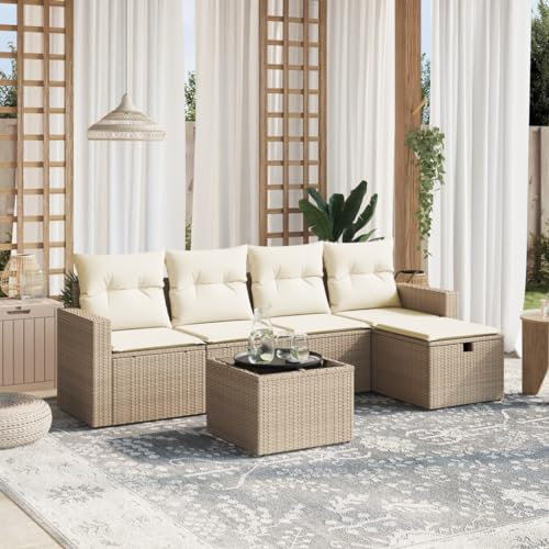 Rantry Gartenmöbel Set 6-TLG. Garten-Sofagarnitur mit Kissen Gartensofa Sitzgruppe Balkonmöbel Garten Loungesofa Ecklounge Gartenlounge Gartenset Terrazamöbel Beige Poly Rattan