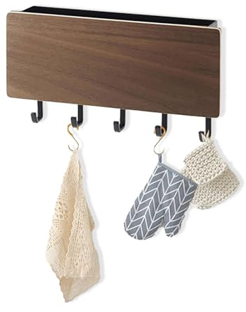 Tissting Nyckelbräda med hylla och 5 krokar, 18 x 10 x 3 cm utan borrning, väggmontering, nyckelhållare, trä, modern nyckelhängare nyckelbräda för entré, badrum (brun)