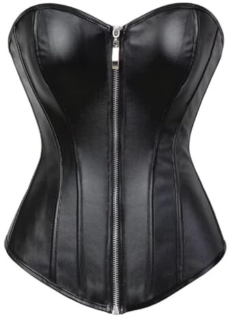 QJIRZB Corsé de cuero con tiras y cremallera estilo bustier para mujer, disfraz de chica motera, Negro, XS