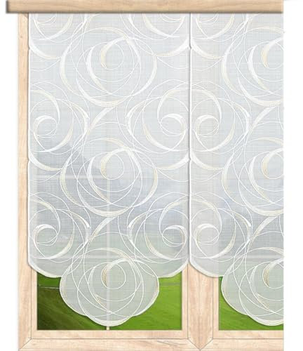 atelier alles-Spitze Moderne Flächengardine Diane mit Fantasiestickerei in Weiß, Beige und Gold | Attraktive halbtransparente Schiebepaneele mit Bogenabschluss | Breite x Höhe 60 x 96 cm