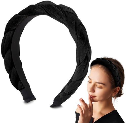 Favuit Samt Haarreif, Geflochtene Stirnbänder Breit Haarband Vintage Gepolsterte Haarreifen Trachten Solide Kopfschmuck Mode Haarschmuck für Damen und Mädchen (Schwarz)