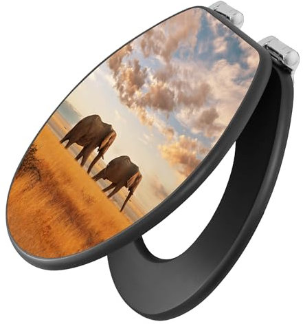 banjado Toilettendeckel anthrazit mit Absenkautomatik/WC Sitz mit Absenkautomatik anthrazit/Klodeckel grau/Toilettensitz dunkel/edle Klobrille - Motiv Elefanten