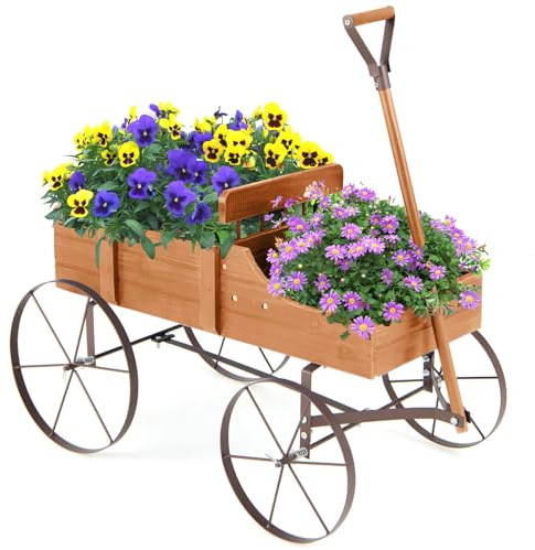COSTWAY Garden Wagon Planter, Decorative Flower Pot Stand with Handle and Wheels, Wood Plants Holder Yard Tool Cart for Outdoor Indoor (Orange)