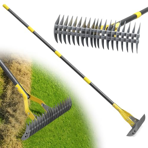 Râteau, 140cm Râteau de Jardin Robuste en Acier Inoxydable avec Long Manche Réglable et Lame Tranchante - Multifonction Râteau à Paille avec 19Dents Double Couche pour Désherber, Fertiliser Lawn/Gris