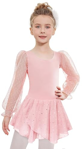 Arshiner Mädchen Ballettkleid Ballettkleidung Kinder Rosa Tanzkleid Baumwolle Balletttrikot Mesh Langarm Ballettanzug Balllett Leotard mit Pailletten Tütü 140/6-7 Jahre