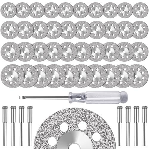 FOTYBEI 40pcs 545 Diamond Cutting Wheel 20/22/25/30mm with 402 Mandrel (3mm) 8pcs and Screwdriver for Dremel Rotary Tool Stone Glass Cutting Discs