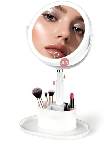 Travel Makeup Mirror with Lights, 1X/20X Lighted Makeup Vanity Mirror with Storage , 2-Sided Height Adjustable Magnifying Detachable Desk Mirror with 3 Color Lights, 360° Rotation & Rechargeable