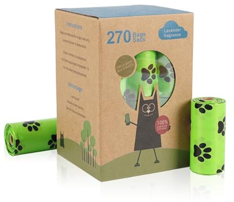 270 biologiskt nedbrytbara bajspåsar lavendelparfym - set med 18 rullar med 15 påsar - 23 cm x 33 cm - stora och tjocka - ekologiska hundbajspåsar, kompatibel med dispenser